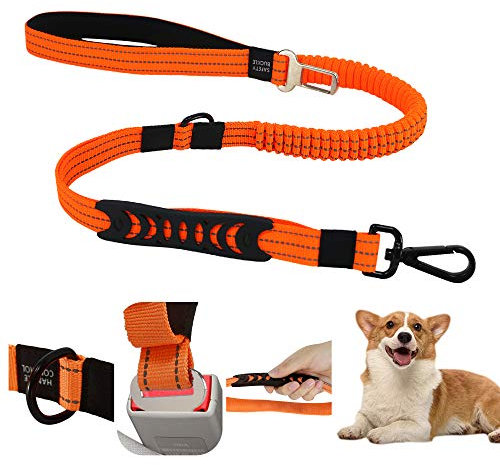 EASTLION Bungee Dog Lead Shock Absorbing Strong Dog Leash with Car Seat Belt,Two Padded Handle No Pull Reflective Traffic Control,Pet Elastic Rope for Small Medium Large Dogs,Orange