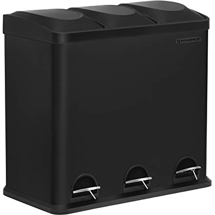 SONGMICS Mülleimer für die Küche, 54 Liter, Abfalleimer, Treteimer mit 3 Fächern, Inneneimern und 6 Aufklebern für Mülltrennung, Mülltrennsystem, schwarz LTB54B, 60,4 x 30 x 56,3 cm (L x B x H)