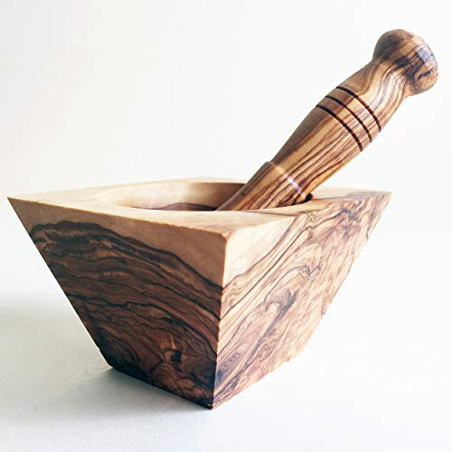 Olive Wood Mortar with Pestle Square Kitchen Mortar Spice Mortar Handmade