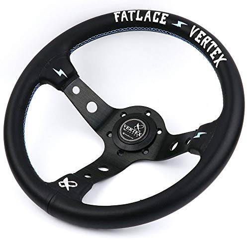 13inch Vertex Weiß Stickerei Schwarz-echtes Leder Drift Sport Lenkräder mit blauen Nähten Holzlenkrad (Color : Black)