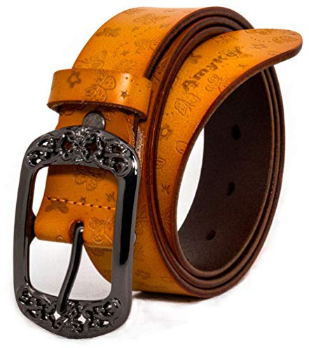 AmyKer Gürtel Damen Vintage ledergürtel Rot Gelb Braun Schwarz Jeansgürtel Geschenkbox Breite 3,3 cm Ak011 Gelb 120 CM