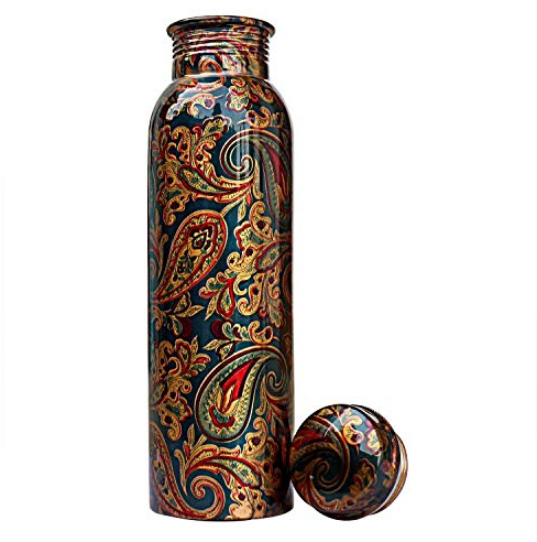 Reise-Wasserflasche aus Kupfer, 100 % reines Kupfer, gelenkfrei, auslaufsicher, Ayurveda, gesundheitliche Vorteile, stilvolle Kupferflasche, 900 ml (Design 07)