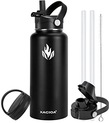 XACIOA Gourde Isotherme 1L bouteille isotherme en acier inoxydable avec couvercle en paille, anti-fuite, tasse isotherme de voyage à double paroi sans BPA, garde au chaud et froid
