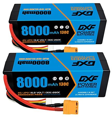 DXF 4S 8000mAh 15.2V 130C Coque Rigide pour Batterie Lipo à Haute capacité avec Prise XT90 pour Voiture RC en Échelle 1:8, Avions RC multiroteur, hélicoptères RC, Bateaux RC (Lot de 2)