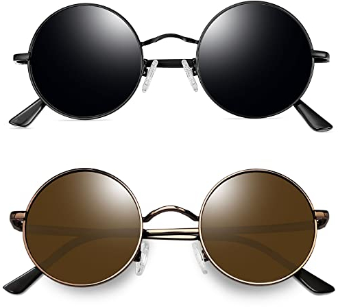 Joopin Runde Sonnenbrille Herren Polarisiert Dunkle Retro Hippie Damen Sonnenbrille Rund Braun 2 Pack (Voll Schwarz und Kupfer Braun)