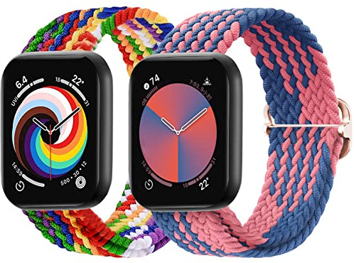 Stretchy Braided Straps Compatible with Apple Watch Strap 40mm 42mm 38mm 41mm for Women men, Adjustable Sport Nylon Straps Replacement for iWatch Series SE/11/10/9/8/6/5/4/3, 2 packs