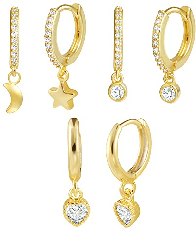 Creolen Ohrringe mit Anhänger für Damen, 3 Paar Gold Hängende Creolen Ohrringe mit Stern Mond Zirkonia, Gold Ohrringe Set Schmuck für Frauen Damen