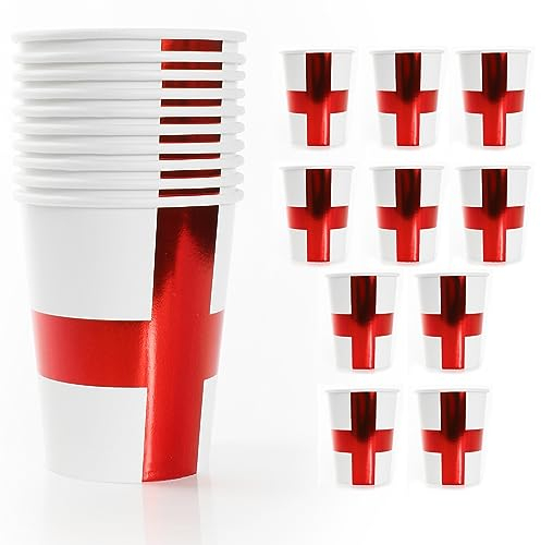 England Flag Paper Cups - Pack of 10 - White Paper Cups with Red Foil St George’s Cross - Perfect for St George’s Day, World Cup Celebrations, Sporting Events, and Patriotic Parties