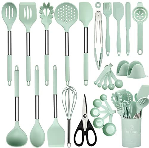NCUE Kitchen Utensils Set, 28 Pcs Silicone Cooking Utensils Set with Holder, Spatula Set, Silicone Whisk, Measuring Cups and Spoons Set with Stainless Steel Handle Kitchen Gadgets (Light Green)