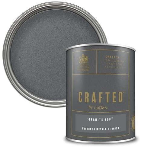 Crown CRAFTED Granite Top Metallic Emulsion Paint for Walls & Wood 1.25L | Pewter lustrous metallic wall paint & wood paint. Stunning shimmering finish - ideal for feature walls, stripes & stencils