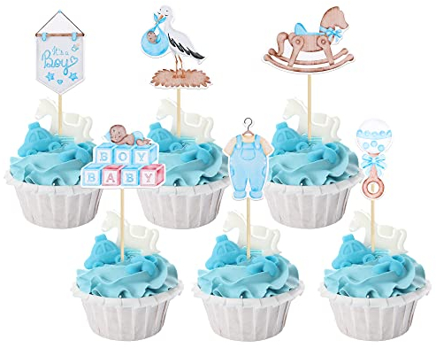 Gyufise 36Pcs Baby Cupcake Toppers Pacifier Cloud Moon Star Baby Boy Cupcake Picks Swan Baby Shower It's a Boy Cake Decorations for Baby Shower Kids Boys Birthday Party Supplies Blue