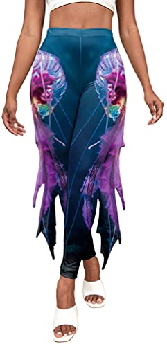 Maeau Damen Meerjungfrau Hosen Skinny Push Up Halloween Kostüm Hohe Taille Fischschuppen Strumpfhosen Glänzend Tights Yogahose Fisch Skala Yoga Print Leggings mit Flossen - L
