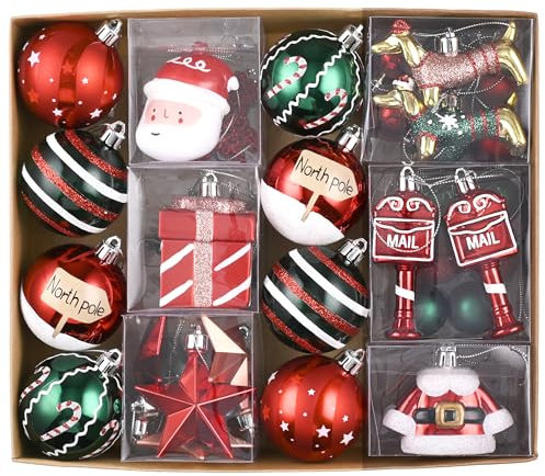 Valery Madelyn Christmas Tree Decorations 40pcs, Green Red and White Christmas Baubles Set Shatterproof Ball Ornaments for Tree