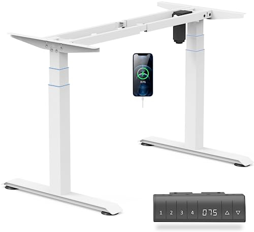 Flamaker Schreibtisch Höhenverstellbar Elektrisch Höhenverstellbarer Schreibtisch Gestell 3-Fach-Teleskop mit Kollisionschutz, USB-Buchse, 4 Memory-Steuerung (Weiß+3 Stage Frame)