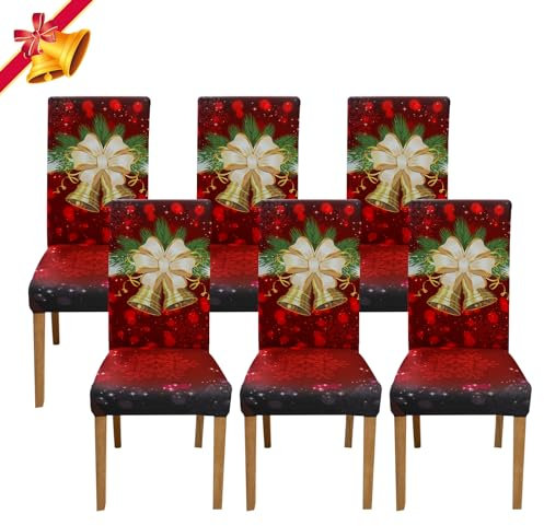 Jaotto Stuhlhussen Weihnachten 6er Set Universal,Stuhlhusse Stretch Moderne,Stuhlhussen Schwingstühle Elastische Langlebig Stuhlhussen für Feiertagsdekoration Weihnachten(Glöckchen,6 Stück)