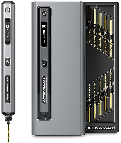 Mini trapano elettrico a 5 velocità, ARROWMAX 10 punte piccole con scatola in alluminio, display OLED, luci LED, set di punte in resina per la creazione di gioielli, plastica, legno (SDS ULTRA)