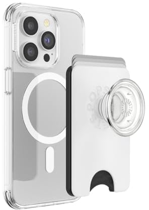 PopSockets Phone Wallet with Expanding Grip and Adapter Ring for MagSafe, Phone Card Holder, Wireless Charging Compatible, Wallet Compatible with MagSafe - White Clear