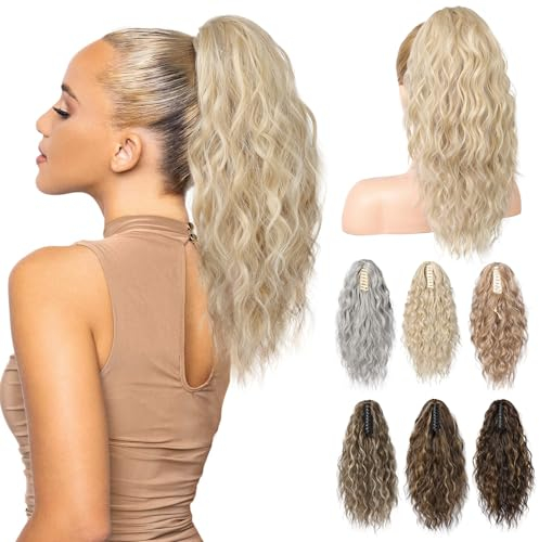 BRIKABIA Blonde Ponytail Extension Pferdeschwanzverlängerung Haarteil mit Klammer, Lange, Gewellte, Lockige Pferdeschwanz Haarteil Clip in Haarverlängerung für Frauen, 40cm, dunkles Ascheblond