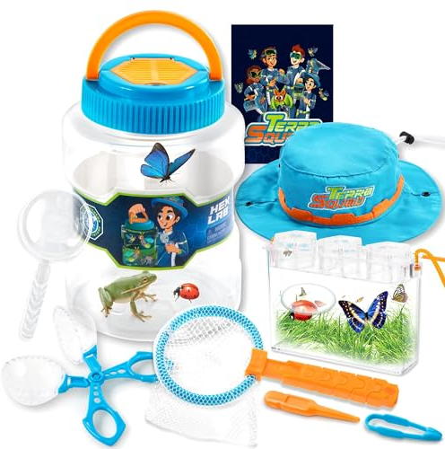JOYIN Insektenfänger Naturerkundungsset - enthält Lebensraumeimer, Krabbelbox, Aktivitätsheft, Schmetterlingsnetz, Lupe, Pinzette, Käferzange und Erkundungshut Käferfänger für Kinder ab 3 Jahren