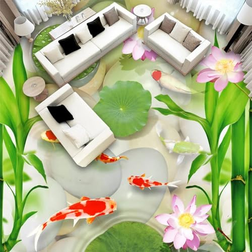 Selbstklebende Bodentapete Goldfisch-Kiesel, Bambus-Lotus-Frosch, 3D-Bodenfliesen-Wandtapete, 250 x 175 cm Bodenfliesen Aufkleber Wohnzimmer Studie Bodenbelag Tapete, Epoxidharz