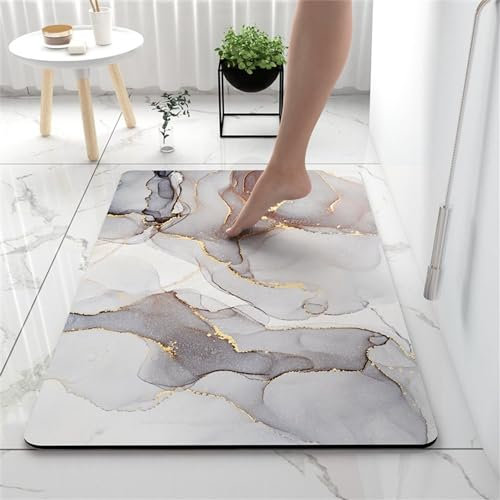 Hixingo Tapis de Bain Antidérapant Moderne Motif Marbre Tapis Salle de Bain Diatomite Absorbant, Tapis Douche Séchage Rapide, Microfibre Tapis Vaisselle Tapis d'Entré (60x90cm,Gris Clair)