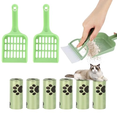 Lot de 3 Pelle Litiere Chat, Portable Pelle à Litière pour Chat avec Longue Poignée et Kit de Balai, 6 Rouleaux de Sacs à Déchets, Pelle Litiere Cat Litter Scoop pour Litière Agglomérante