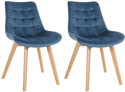 CLP 2er Set Stuhl Brook Samt I Esszimmerstuhl Mit Holzgestell I Küchenstuhl Mit Gesteppten Sitz I Gepolsterter Lehnstuhl, Farbe:blau