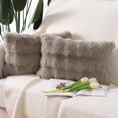 Madizz 2er Set Sanft Plüsch Kurze Wolle Samt Dekorativ Zierkissenbezüge Luxus Stil Kissenbezug für Sofa für Schlafzimmer Taupe 30x50 cm