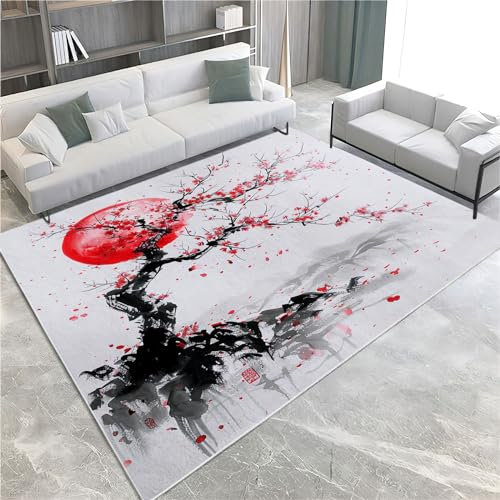 Tappeto Salotto 80 x 150cm Fiori di ciliegio con pittura a inchiostro Tappeti Camera da Letto, Rug Cucina Antiscivolo Lavabile per Tavolino da Salotto, Bagno, Tappeto Bambini Cameretta