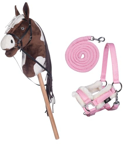 HKM Kids Hobby Horse, Schecke Braun-Weiß, mit Halfter und Führstrick in Rosa, Steckenpferd für Kinder, Pferde Spielzeug