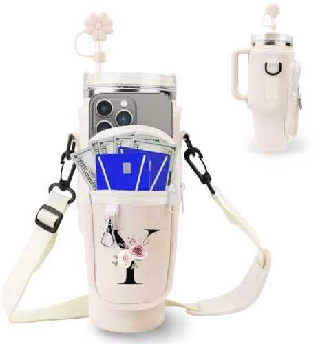 Initial Personalized Water Bottle Bag for Stanley 40oz Tumbler,with Phone Pocket,Neoprene Water Bottle Carrier with Adjustable Strap and Straw Cover & Carabiner,for Stanley Cup Accessories(Y)