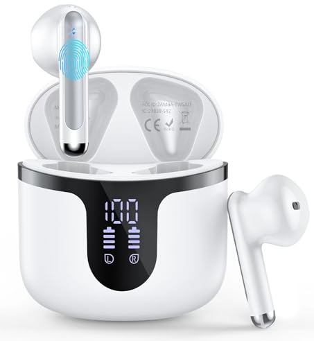 Wireless Earbuds Bluetooth 5.3 Headphones HiFi Stereo Deep Bass and 4 Noise Cancellation Mics, Wireless Headphones 40Hrs Playtime Bluetooth Earbuds IPX7 Waterproof Wireless Earphones LED Display White