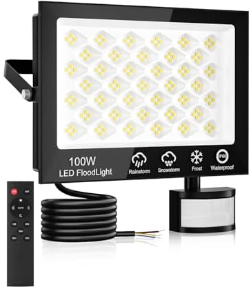 Projecteur LED Exterieur Detecteur de Mouvement 100W,10000LM Spot LED Extérieur avec Télécommande,6500K Blanc Froid Projecteur Extérieur,IP66 Etanche Eclairage Exterieur pour Garage Jardin Patio