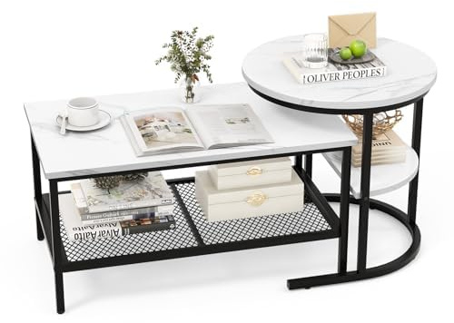 2er Set Kaffeetisch, Beistelltisch Marmor Optik mit Metallrahmen & Ablage, Couchtisch Wohnzimmertisch Sofatisch für Wohnzimmer, Schlafzimmer (Weiß + Schwarz)