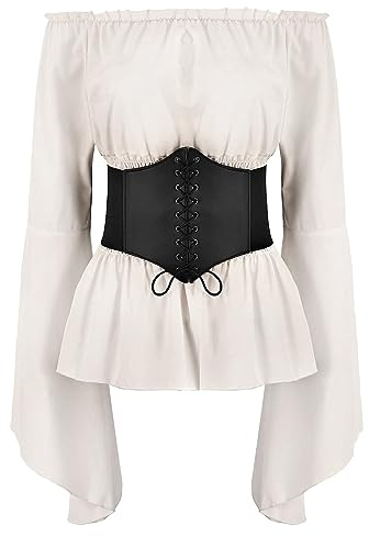 ABEHIK Damen Mittelalter Oberteil für Frauen Gothic Renaissance Bluse Langarm Trachtenbluse mit Trompetenärmel Schulterfrei Top Off Shoulder Shirt