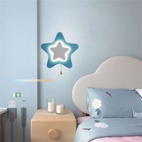 LED Batteriebetrieben Wandleuchte Dimmbar Kabellos Bettlampe Wandleuchten Kinderzimmer USB Aufladbare mit Zugschalter Wandlampe Moderne Innen Karikatur Stern Wandbeleuchtung für Schlafzimmer (Blau)