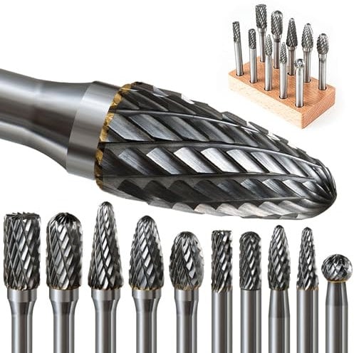 FOTYBEI Tungsten Carbide Burr Set 1/4 Shank - 10Pcs Double Cut Rotary Burrs Die Grinder Bits for Metal and Wood Working, Grinding, Drilling, Milling, Carving and Engraving