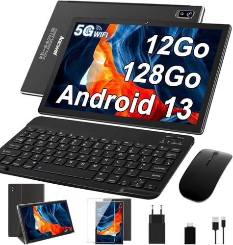 JUEDUR 2025 Newest 10 inch Android 13 Tablet, 12GB+128GB 512GB TF, Octa-Core Processor, Face ID, 5G WiFi, 8000mAh Batterie, 800 * 1280 HD, 8MP + 5MP, BT 5.0, Tablet with Keyboard, Mouse, Case - Black