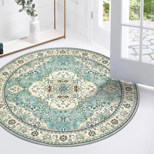 Boho Teppich Waschbarer Vintage Wohnzimmer Stil Sofa Rund Teppich Kurzflor, Bunter Muster Rutschfester Orientalischer Carpet für Schlafzimmer. 100 cm