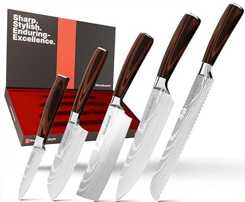 Matakumi Set di Coltelli da Cucina Giapponesi 8'' Coltello da Chef / 5'' Santoku/Nakiri/Brotmesser/Schälmesser, Coltelli Giapponesi Professionali in Stile Acciaio Damasco - Set di Coltelli da Cucina