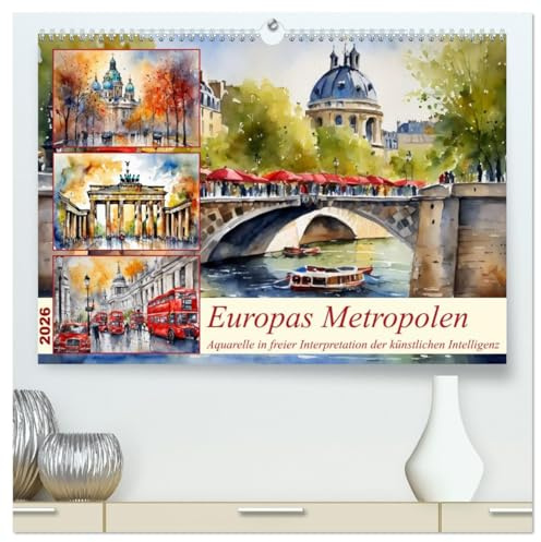 Europas Metropolen (hochwertiger Premium Wandkalender 2026 DIN A2 quer), Kunstdruck in Hochglanz: Wunderschöne Aquarelle der Künstlichen Intelligenz (CALVENDO Orte)