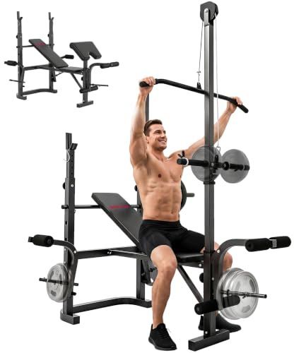 SPORTNOW Adjustable Weight Bench with Bench Press Rack, Home Gym Bench | Leg Extension, Preacher Curl, Lat Pull Down Machine, Incline or Flat Workout Bench, Strength Training, Weight Lifting