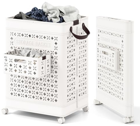 COSTWAY Panier à Linge Plastique a Roulette, Bac Linge Sale Pliable 75 L avec Petit Panier, 2 Poignées, 2 Crochets, Corbeille Pliable pour Vêtements, Blanc