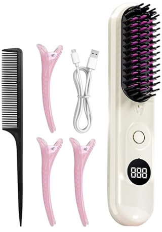 Hair Straightener, Straightening Brush, Wireless Convenience Travel Friendly Safety Lock, Curls Straightener for Dry, Wet, Short, Styling, Home, Salon 8.07x1.77 Inches