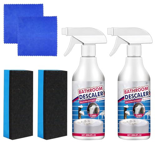 Limescale Remover Spray, 2Pcs Bubble Cleaner Foam Spray for Bathroom and Kitchen, Shower Head Cleaner with 2 Sponges and 2 Cloths, 60ml Each