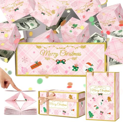 WERNNSAI Weihnachts Überraschungsbox – Rosa Weihnachtsmann Geschenkbox | Explosionsbox mit 8 Faltbare Schleife Konfetti Geschenktüte Weihnachtsbaum Weihnachtsgeschenkdeko Mädchen