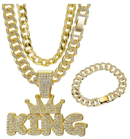 Tosnyr 3PC Men's Cuban Link Chain & Bracelet Set with KING Pendant, Gold Plated Iced Out Crystal Hip Hop Necklace Jewelry for Men，Personalized Men Gifts Set (Gold)