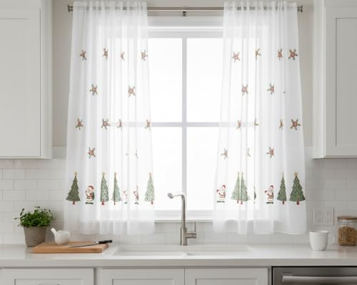 Gardinen Vorhangen Weiß Batist 140x250 cm (BxH) Annabelle Weihnachtsgardine Mit Tannenbaum-Motiv Transparente Mit Faltenband Fertiggardine