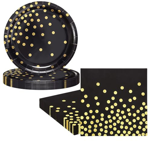 20Pcs Black Gold Paper Plates and Napkins Party Tableware Set,Golden Dot Birthday Paper Dessert Cake Plates Serviettes Disposable Tableware Set for Her Him Girls Women Baby Shower Table Decor