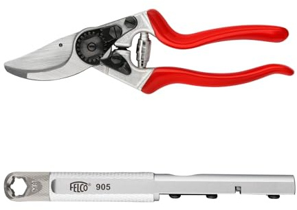 FELCO 2-teilig: Bypass-Gartenschere 8 + Multifunktions-Schärfer 905, Rechtshänder, Große Hand, 25mm, Abgewinkelter Kopf, Gehärtete Stahlklinge, Swiss Made